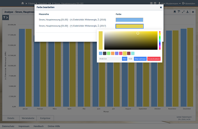 Farbeditor für die Bearbeitung der Diagrammfarben
