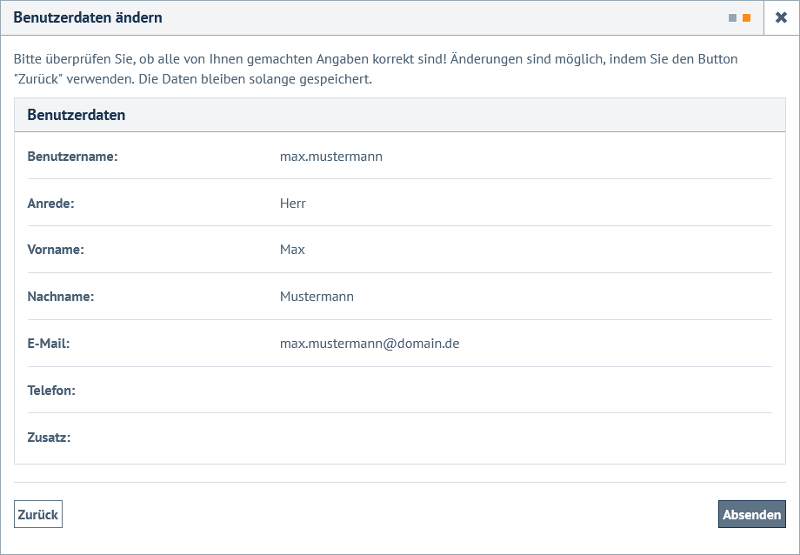 Überprüfung der Angaben be Änderung der Benutzerdaten
