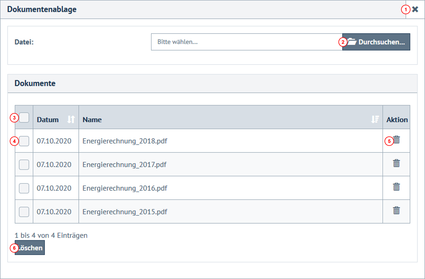 Detailansicht der Dateiablage mit Indizes