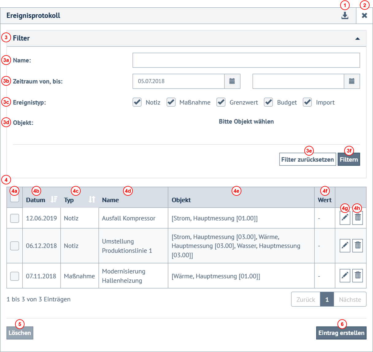 Beispielansicht Ereignisprotokoll