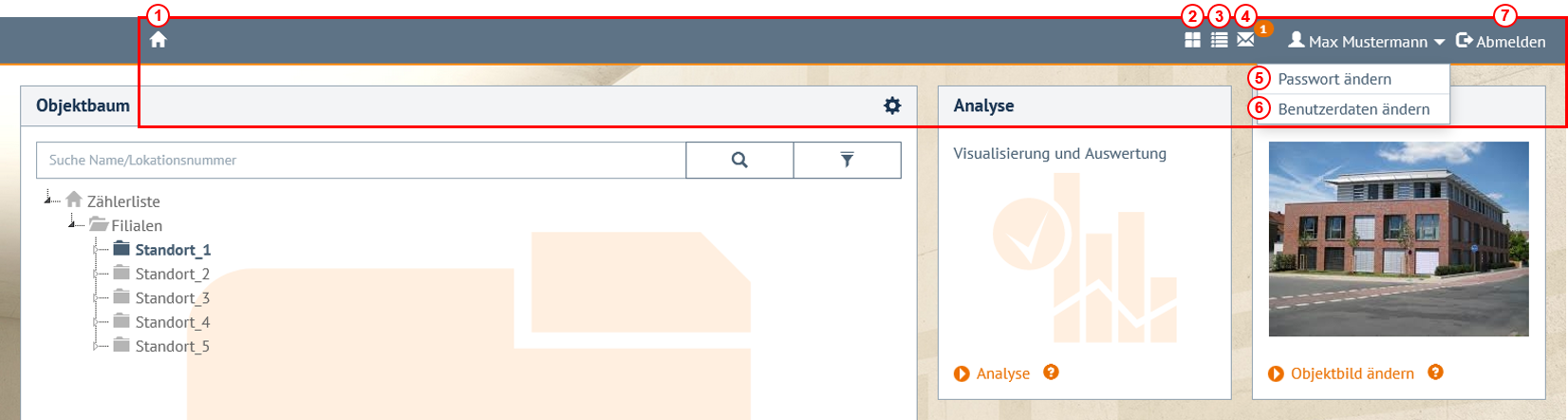 Kopfbereich (Header) mit Grundfunktionen