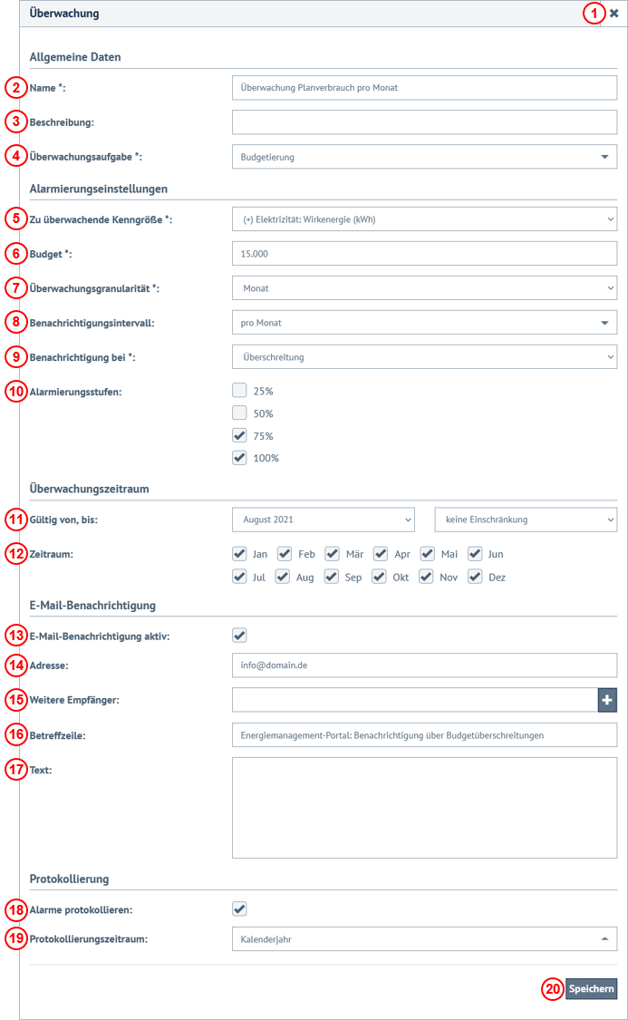 Konfigurationsmaske Budgetüberwachung