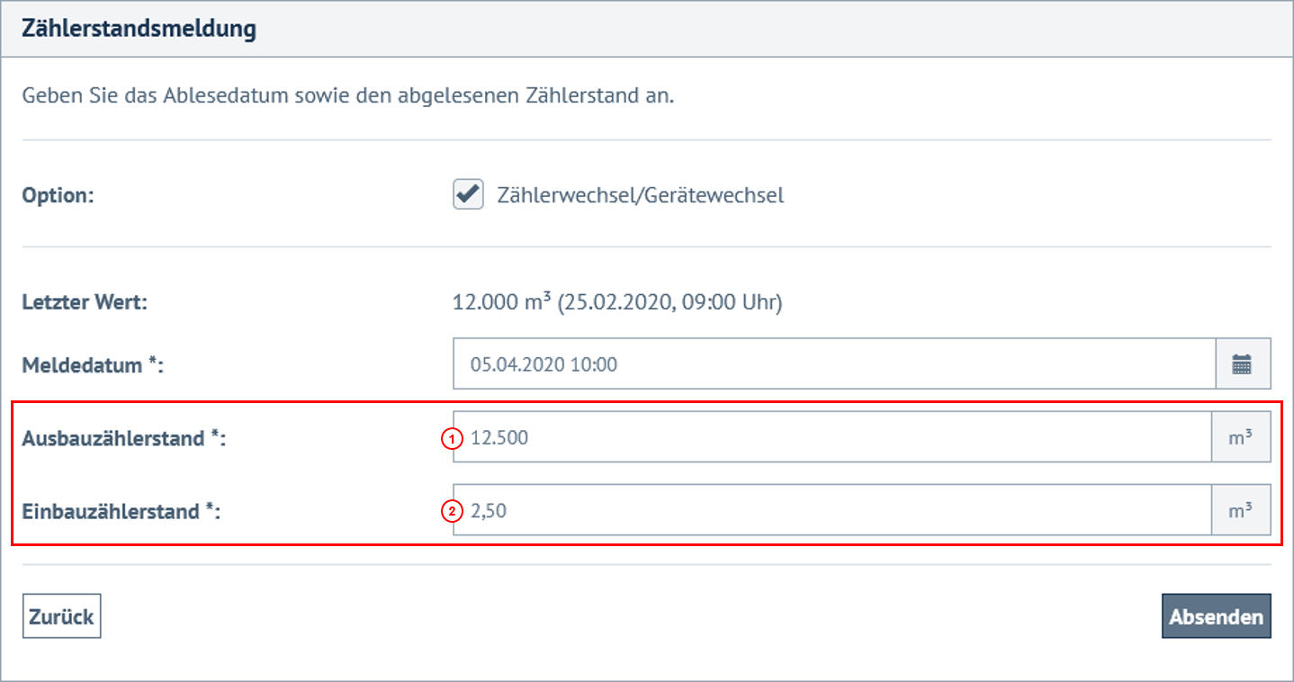 Erfassungsmaske bei einem Zählerwechsel