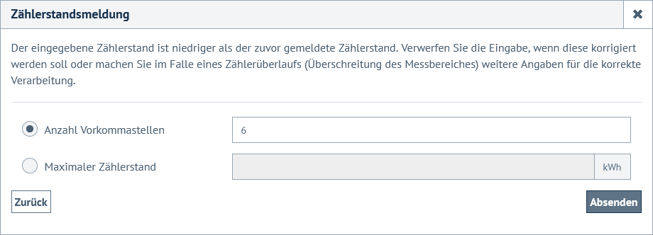 Hinweis nach Zählerstandsvalidierung