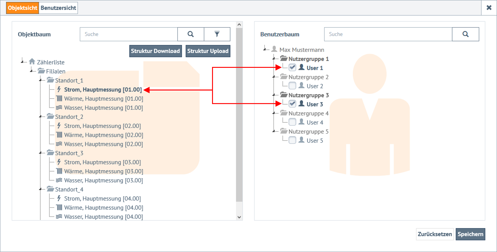 Vergabe von Leseberechtigungen für einen im Objektbaum ausgewählten Zähler
